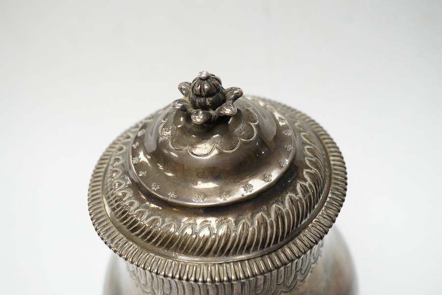 An 18th century French white metal baluster pot and cover, indistinct marks, height 16cm, 10.8oz. Condition - fair